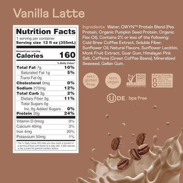 OWYN Non-Dairy Coffee Shake 20g Protein, Double Shot Vanilla Latte, 12oz (Pack of 12)